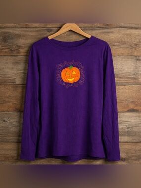 Halloween Pumpkin Shirt Womens Purple Long Sleeve Size XL 16/18 (Runs Small)